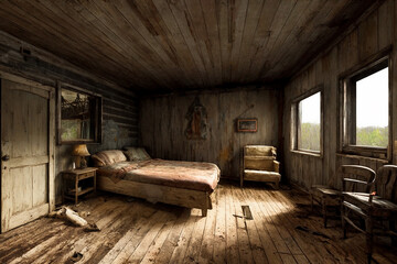 An old abandoned broken wooden house in the middle of the forest like a scene from a western movie. Concept of horror with ghosts. Generative AI.