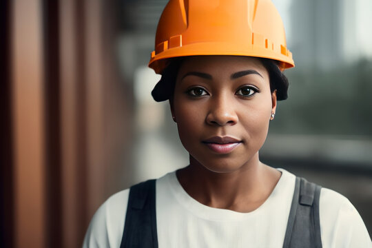 Portrait Of The Female Factory Worker In An Orange Vest A White Construction Helmet, Industry Construction Background. Generative AI