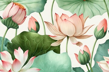 Seamless pattern of lotus flowers in watercolor style illustration
