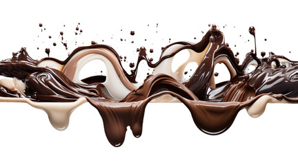 Vollmilchschokolade, Zartbitterschokolade und weiße Schokolade flüssig, fließend, mit Tropfen, Spritzern, Splash, Freisteller, Generative AI - 598093787