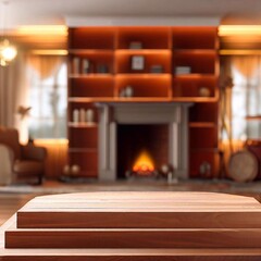 wooden podium in a cozy living room with a fireplace