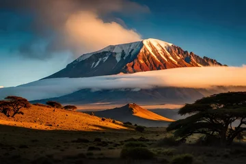 Poster Mount Kilimanjaro landscape with cloudy sky and savannah in the foreground. Generated by AI. © STORYTELLER