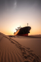 Naklejka na ściany i meble A photograph of a cargo ship docked in a barren desert landscape, ai