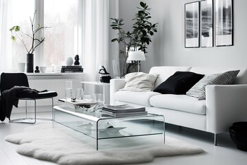 modern living room with neutral color palette with white couch and a glass coffee table