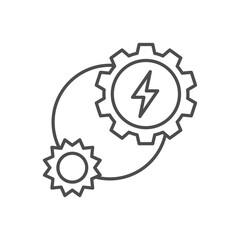 Sun energy related vector linear icon. Gear,lightning. Eco energy. Vector outline illustration Isolated on white background. Editable stroke