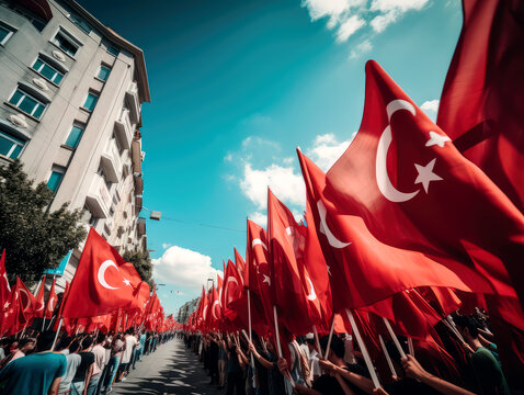  A photograph of a group of people holding Turkish  flag, elections in turkey, ai