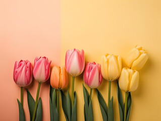 Spring tulip flowers on yellow background top view in flat lay style. Greeting for Womens or Mothers Day or Spring Sale Banner. Generative Ai.