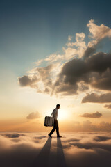 a man walking on clouds in the sky, ai