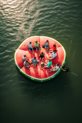 group of friends enjoying a picnic on a giant floating slice of watermelon in a lake, ai