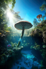 A photograph of a giant mushroom into a pool of clear blue water, ai