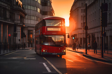 Red bus on road in London near Big Ben Clock Tower. Road traffic in London city. Big Ben in London on sunset. Red bus on City streets in England, UK, United Kingdom. Ai generative illustration.