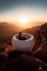 A photograph of a person sitting on a giant teacup on top of a mountain , ai