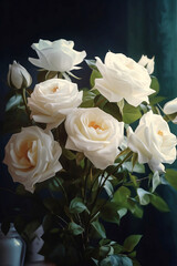 still life with bouquet of white roses on dark background