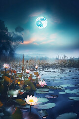 pond with blooming lotus flowers at fullmoon night