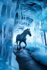  horse galloping through a tunnel made of ice, ai