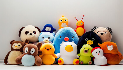 Obraz premium Many soft colourful toys on the white wall background Ai generated image