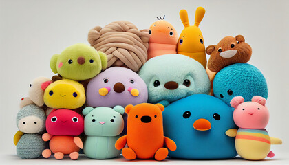 Many soft colourful toys on the white wall background Ai generated image