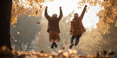 Happy elderly couple jumping high in autumn rural park, view from the back. Generative AI
