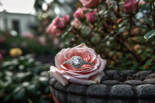 engagement ring on pink rose, ai