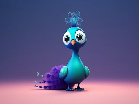 A kawaii 3d rendering colorful peacock on accent lighting and gradient background