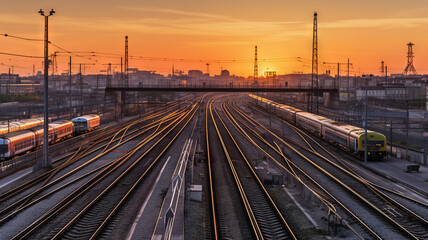 Naklejka na ściany i meble Railway at sunset