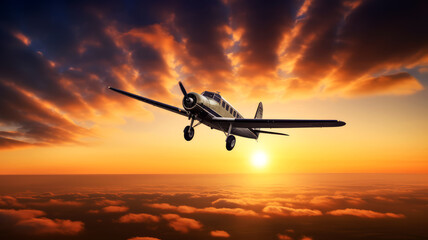 propeller plane at sunset, ai