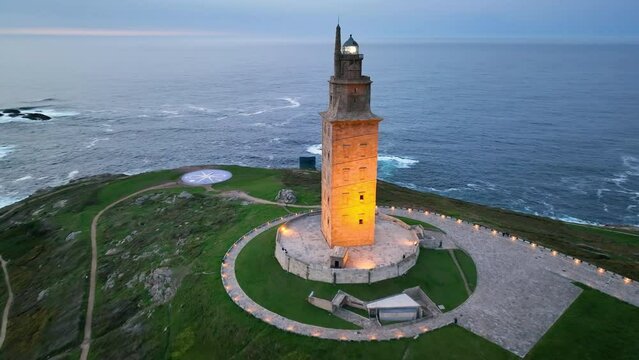 Aerial View Shot of Tower of Hercules (Torre de Hercules) lighthouse located in the city of La Coruna. Galicia, Spain