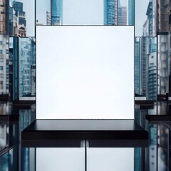 Obraz premium sleek black metal podium with cityscape.