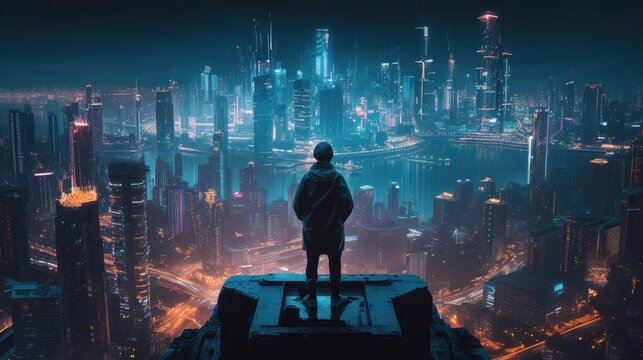 A person standing on skyscraper looking at a futuristic cyberpunk neon city skyline during a misty night