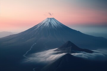 Mountain with pink skies at sunset. Minimalist photography. Generative AI.