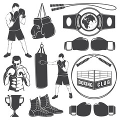 Set of boxing sports equipment and boxer silhouettes. Vector illustration. Collection include boxing jump rope, champion belt, boxer, gloves, boxing shoes and ring silhouette.