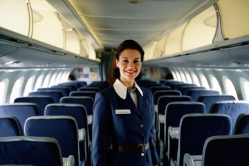 An smiling air hostess standing inside of airplane. Generative AI AIG21. Generative AI
