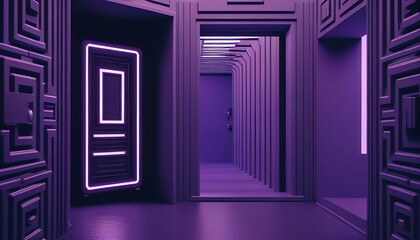 3D illustration of a concept of entrance or gateway to the metaverse. Entrance to the metaverse space, science fiction room with purple light square shapes Hyperrealistic