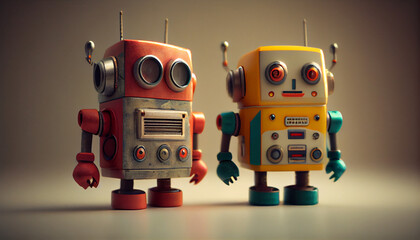 Fototapeta premium Retro toy robots model for kids and on studio lighting background Ai generated image