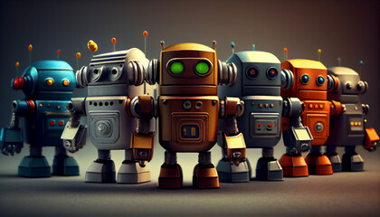 Fototapeta premium Retro toy robots model for kids and on studio lighting background Ai generated image