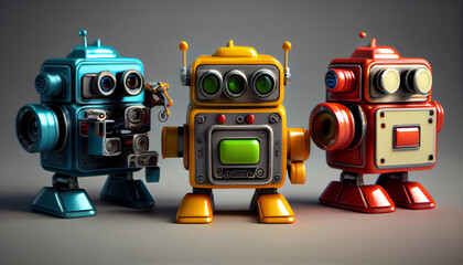 Fototapeta premium Retro toy robots model for kids and on studio lighting background Ai generated image