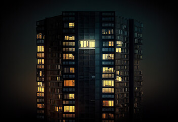 Fototapeta na wymiar Multi-storey building from the windows of which the light is on. AI Generated