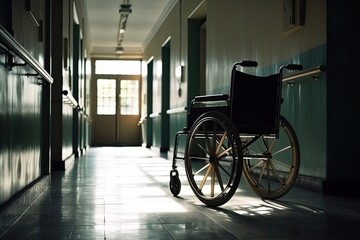 Fototapeta na wymiar Disabled Patient Wheelchair In Hospital Backdrop Generative AI