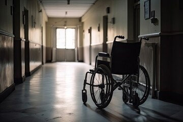 Fototapeta na wymiar Hospital Patient Wheelchair In Hospital Background Generative AI