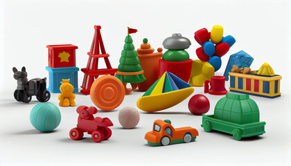 Fototapeta premium Toy collection for kids, Unique toys collections on solid white background Ai generated image