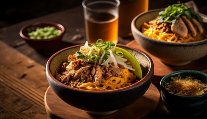 Fusion ramen bowls with kimchi and pulled pork, with soft ramen noodles in round bowls.