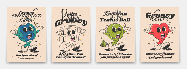Collection of bright groovy posters 70s. Retro poster with funny cartoon walking characters, planet earth, toilet paper, tennis ball, heart, vintage prints, isolated - obrazy, fototapety, plakaty