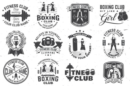 Set of Boxing and fitness club badge, logo design. Vector illustration. For sport club emblem, sign, patch, shirt, template. Girl with barbell, boxer, gloves, boxing jump rope and shoes Silhouette.