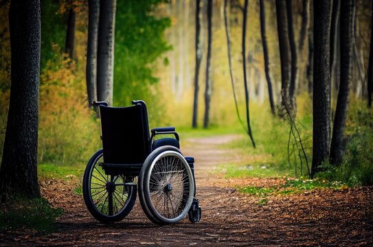 Disabled Patient Wheelchair In Forest Trail Background Generative AI