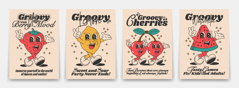 Collection of bright groovy posters 70s. Retro poster with funny cartoon walking characters in the form of food, strawberries, lemons, cherries and a slice of watermelon, vintage prints, isolated