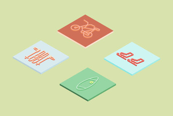 isometric cards set with doodle   bicycle, skates, skis, surfboard 