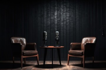 two chairs and microphones in podcast or interview room isolated on dark background as a wide banner for media conversations or podcast streamers concepts with copyspace. generative ai