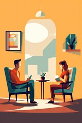 two people talking to each other, living room background, vector art, flat design, flat colors, no details, no shadows. generative ai