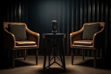 two chairs and microphones in podcast or interview room isolated on dark background as a wide banner for media conversations or podcast streamers concepts with copyspace. generative ai