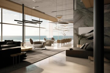 ultra modern beach house, interior design, glass, marble, beach, sea, double hight, luxury interior design, teak wood. generative ai